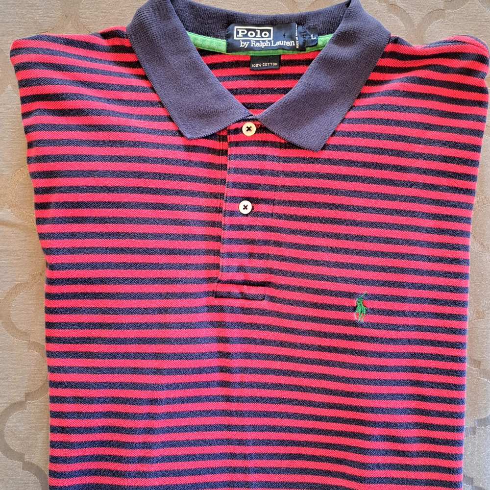 Ralph Lauren Vintage Men's Large Short Sleeve Striped Polo in Navy and Red